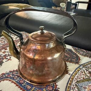 Antique Copper & Brass‎ Farmhouse Kettle Hand Hammered Riveted Handle 9” Tall